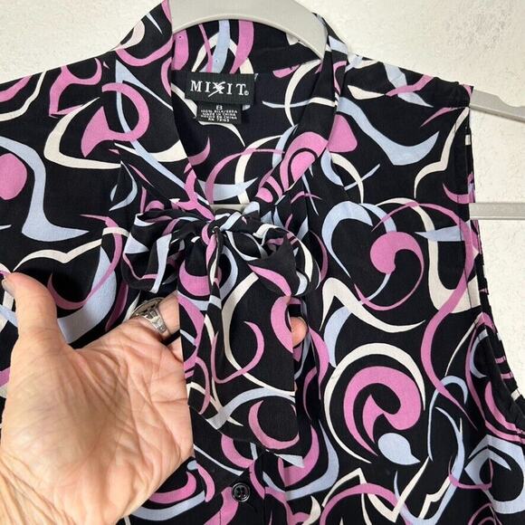 Mixit Women's Sz 8 Mod silk sleeveless button up bow collar tie office blouse - Picture 3 of 10